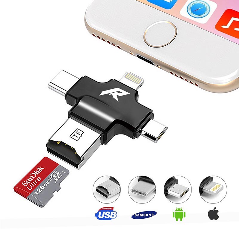 Memoria Externa Portátil para Celular y Lector de Tarjetas Micro SD, con Conector Lightning para iPhone, Micro USB y Type-C (USB C) para Android