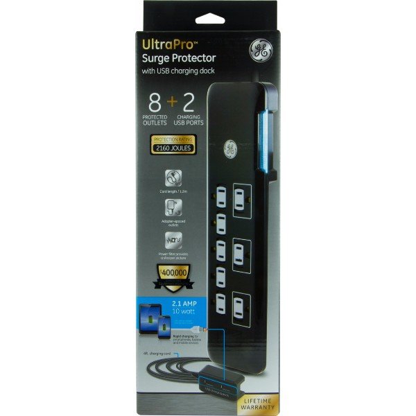 GE Ultra Pro Surge Protector con USB Tether, 8 Outlets, 2160J, 4ft Cord, 2 Ports, 2.1 A, negro