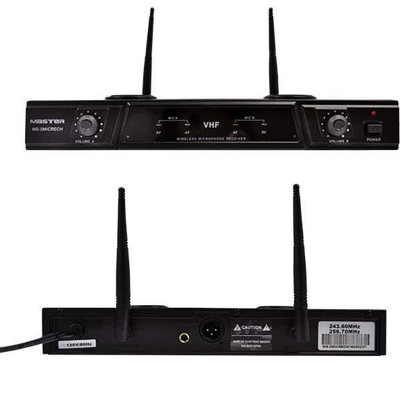 Sistema profesional con 2 micrófonos inalámbricos recargables-direccionales VHF, con un alcance de hasta 30 mts y control de volumen independiente