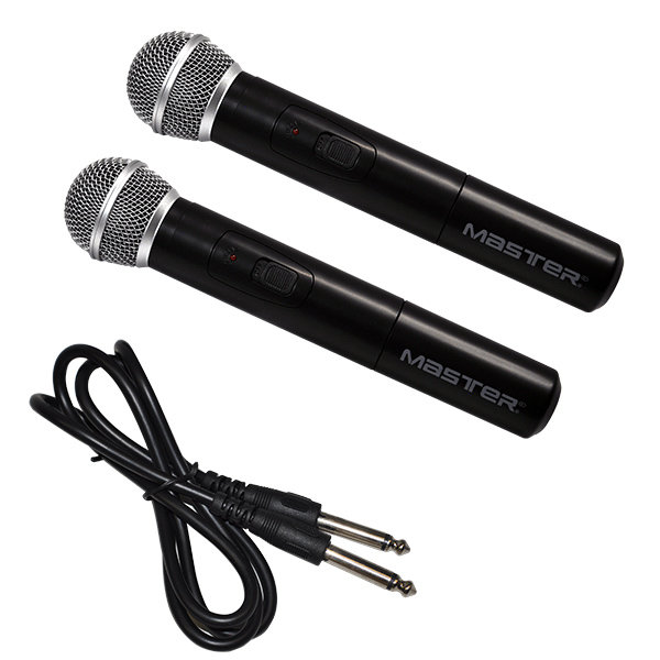 Sistema profesional con 2 micrófonos inalámbricos recargables-direccionales VHF, con un alcance de hasta 30 mts y control de volumen independiente