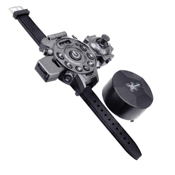  mini drone portable, diseñado en forma de reloj, fácil de transportarlo, equipado con luces led, toma fotografías y vídeos, sistema estabilizador de 6 ejes con giro de 360° incluye 2 correas que permiten sujetarlo sobre la muñeca