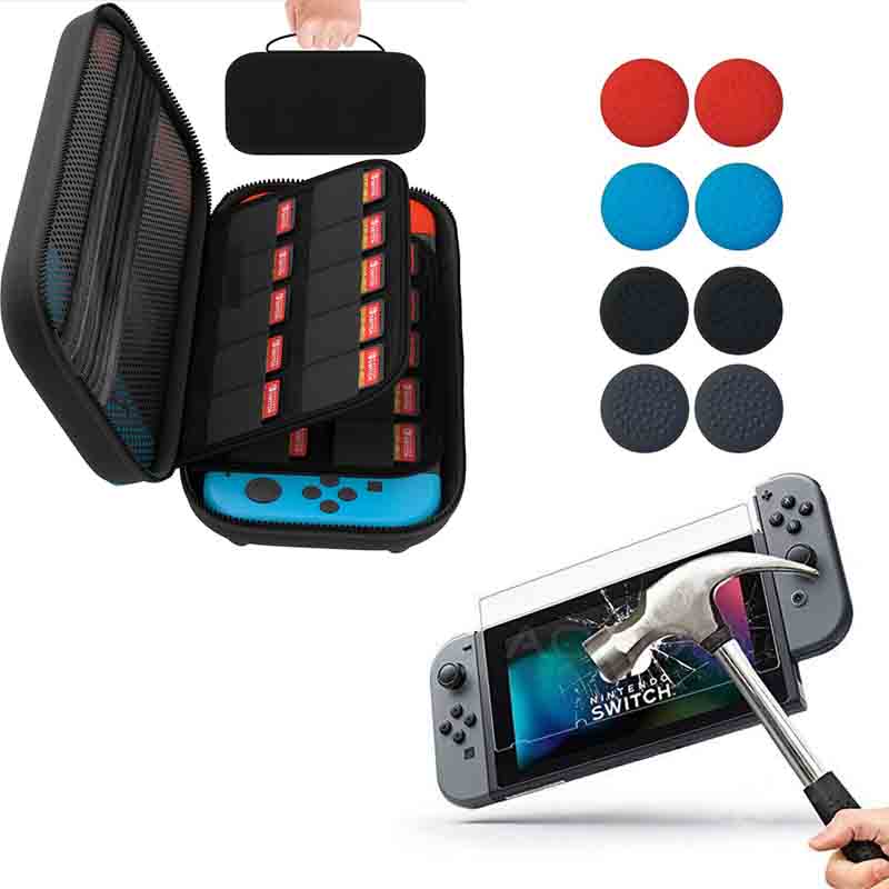 Nintendo Switch Estuche Viajero + Mica Templada + Grips (Negro)
