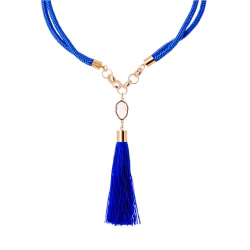 Collar Mota Azul y Cuarzo, elaborado a mano de forma artesanal, Gabriela Nuñez Diseñadora Mexicana
