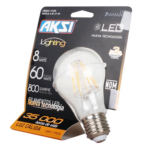 Foco Vintage Led A19 Aksi 8W (Ilumina 60W)-Luz Cálida