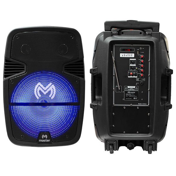 Master- Bafle amplificado con luz de 15 pulgadas, bluetooth, con 2 vías de audio, radio FM, potencia 3000 watts de potencia, cuenta con sistema de transportación  y con batería recargable 