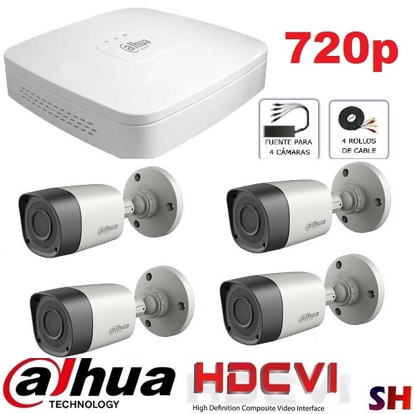KIT DE 4 CAMARAS DE VIDEOVIGILANCIA CCTV HD 720P METALICA BALA DAHUA CON DISCO DURO DE 500 GB  Y 4 ROLLOS DE CABLE DE 18 MTS.C/U.