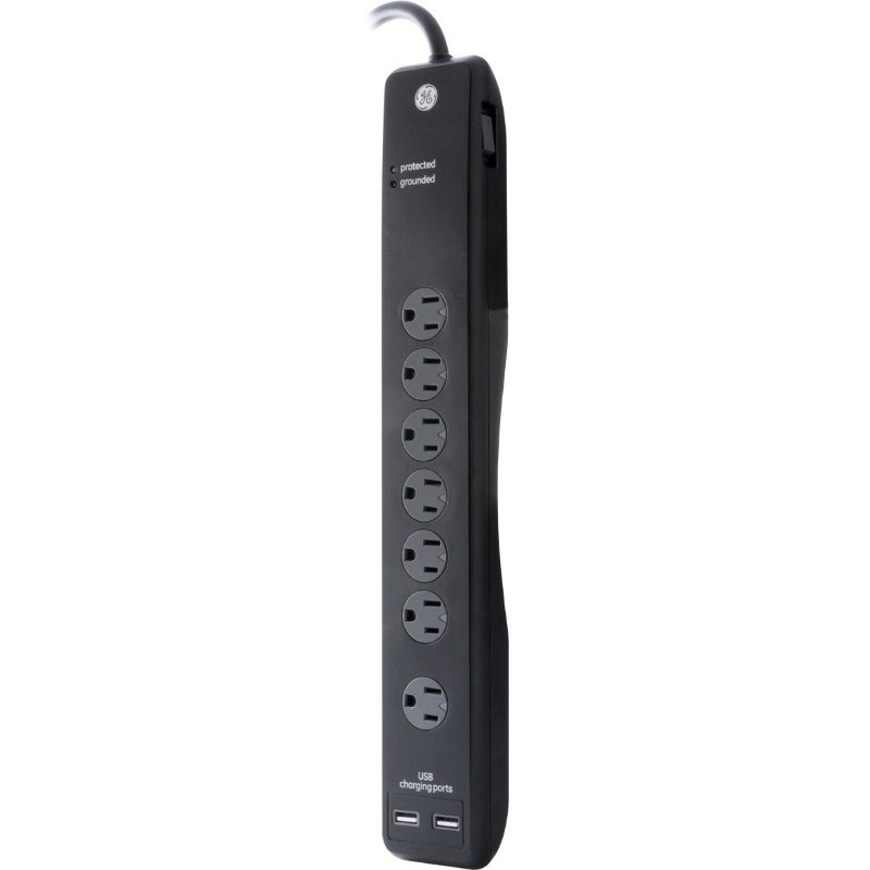  Multicontacto GE 7-Salidas Surge Protector con USB, 1500J, 2 Ports, 1.0A, 4ft Cord, Safety Covers, negro