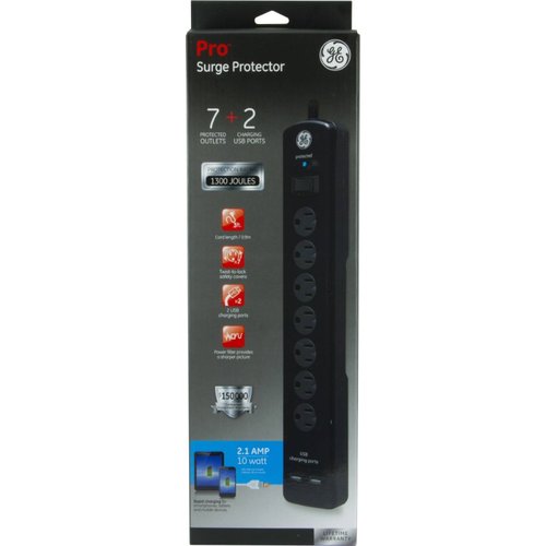  Multicontacto GE 7-Salidas Surge Protector con USB, 1500J, 2 Ports, 1.0A, 4ft Cord, Safety Covers, negro