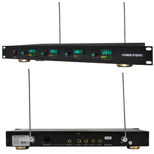 Master- Sistema profesional de 4 micrófonos inalámbricos VHF, con base para montar en rack, material metálico y con excelente recepción