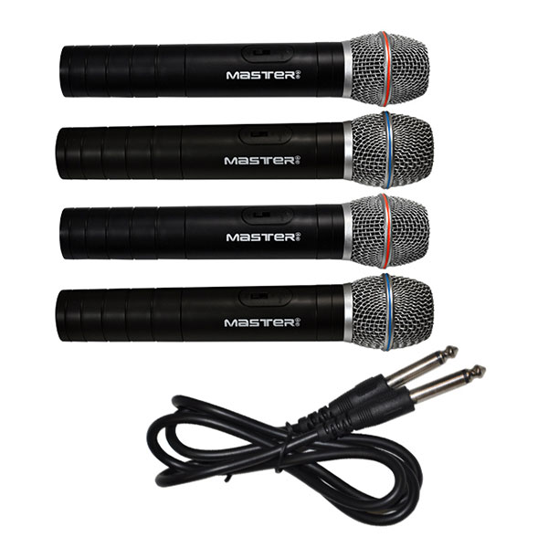 Master- Sistema profesional de 4 micrófonos inalámbricos VHF, con base para montar en rack, material metálico y con excelente recepción