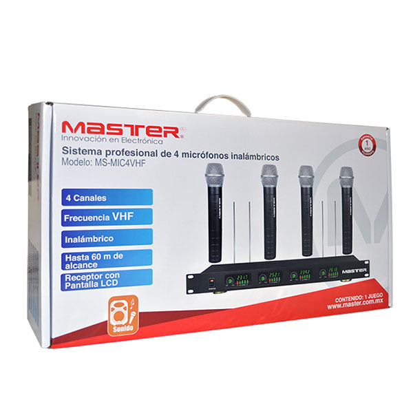 Master- Sistema profesional de 4 micrófonos inalámbricos VHF, con base para montar en rack, material metálico y con excelente recepción