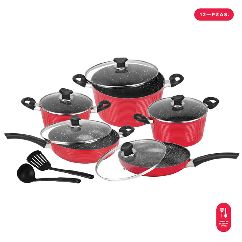 Batería De Cocina Kuche Dark Rock 10 + 2 Piezas - Roja
