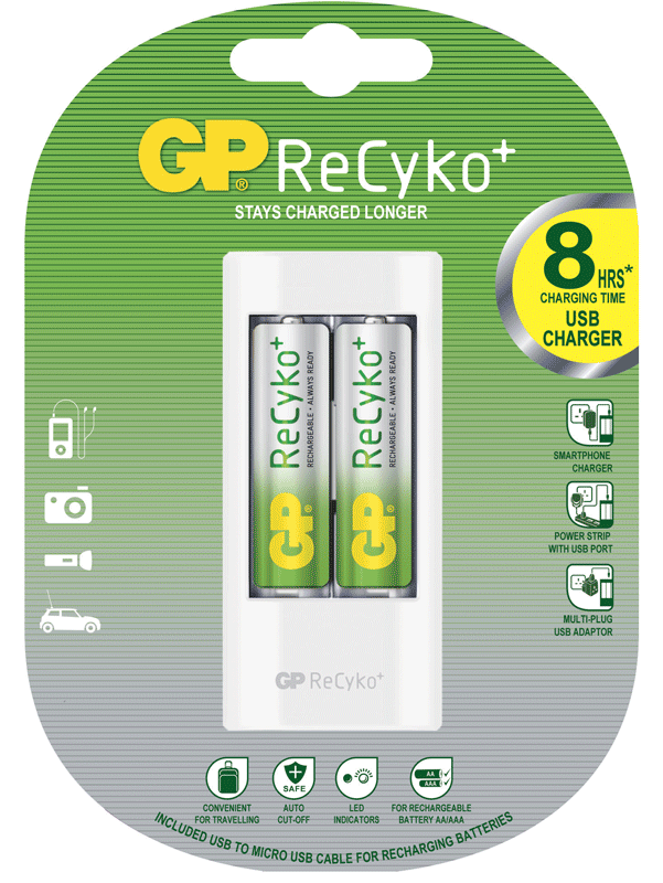 GP Batteries Recargable  Cargador con 2 pilas AA 1.2v 2000 mAh