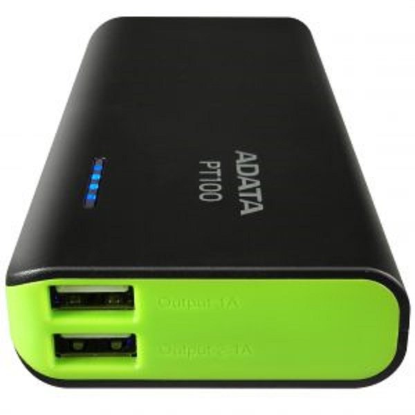 Bateria Portatil USB Adata PT100 Power Bank Cargador 10000mAh Negro/Verde APT100-10000M-5V-CBKGR