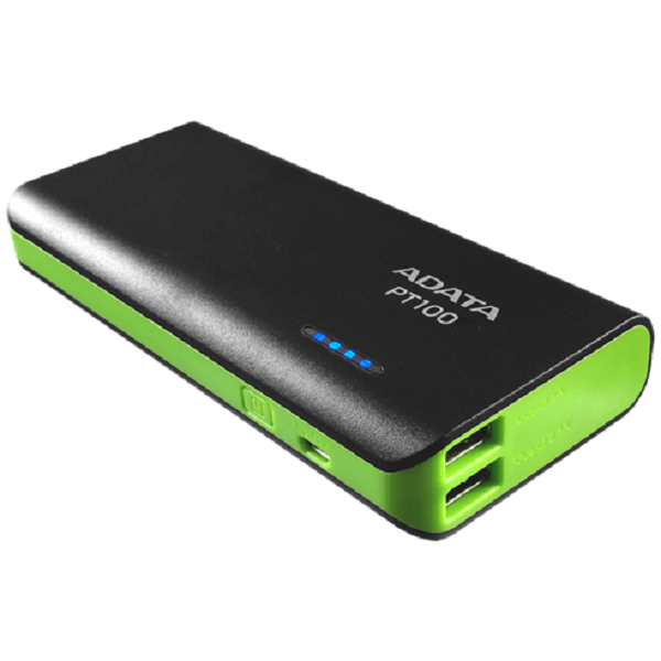 Bateria Portatil USB Adata PT100 Power Bank Cargador 10000mAh Negro/Verde APT100-10000M-5V-CBKGR