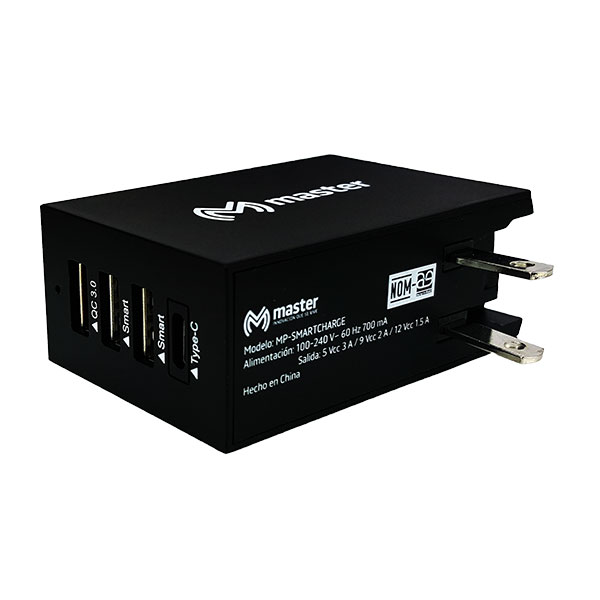 Cargador universal USB con clavija retráctil. 2 puertos usb 2.0 de carga, 1 entrada con usb tipo C y 1 de carga rápida (QUALCOMM 3.0) con un tamaño portátil ideal para oficina, hogar y salir a vacacionar