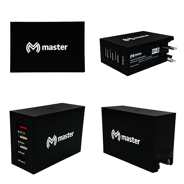 Cargador universal USB con clavija retráctil. 2 puertos usb 2.0 de carga, 1 entrada con usb tipo C y 1 de carga rápida (QUALCOMM 3.0) con un tamaño portátil ideal para oficina, hogar y salir a vacacionar