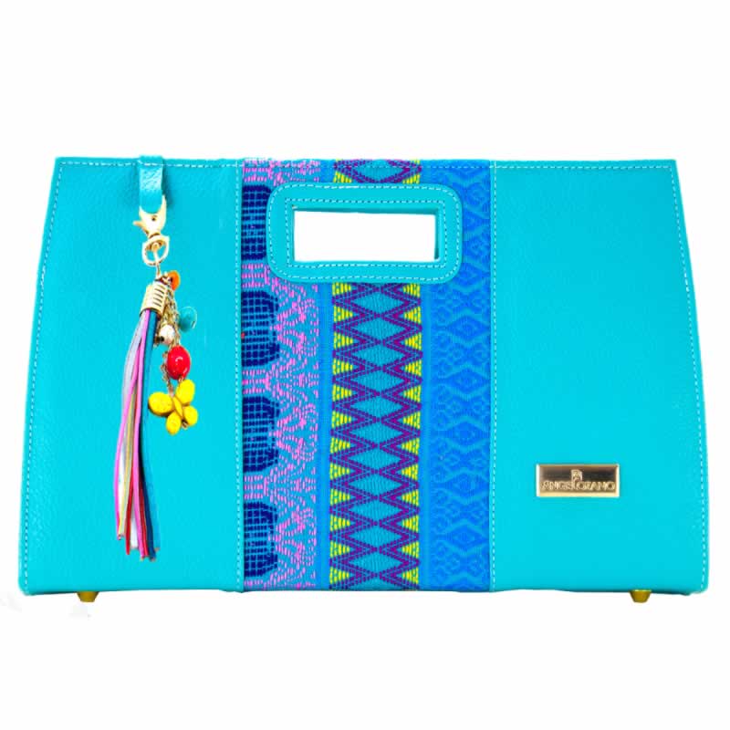 Bolsa Frida de Piel color Aqua con Telar Etnico y Llavero Metalico AngeLozano