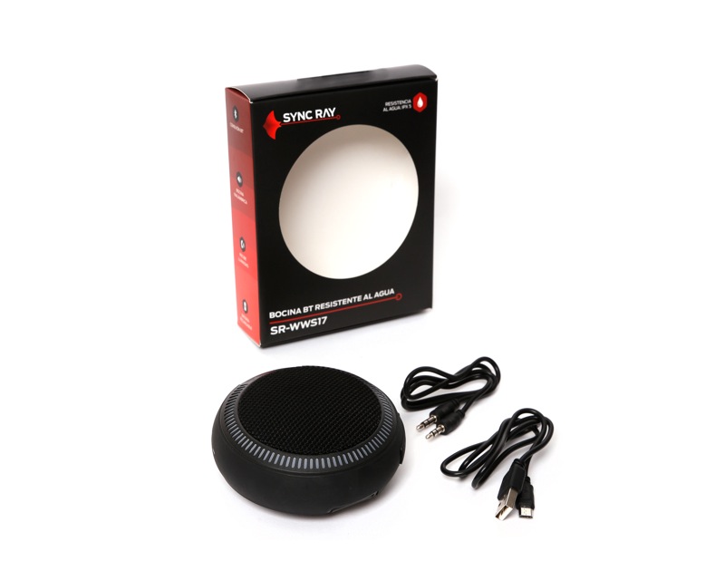 Bocina IPX5 Contra Agua Bluetooth con elastico atras para hacerlo portable y con luces LED Negra Sync Ray