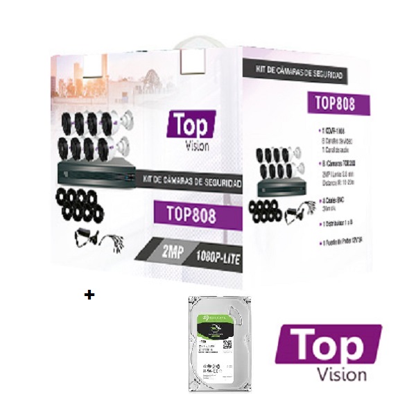 KIT 8X8 TOP808 INCLUYE 1 DVR 8CH XDVR-1008 1080P-LITE + 8 CAMARAS BULLET 1080P 2MP TCB200 + 8 CABLES 18MTS C/U + FUENTE DE PODER Y DISTRIBUIDORES DE VIDEO/ CON DISCO DURO 1 TB/ TOP VISION