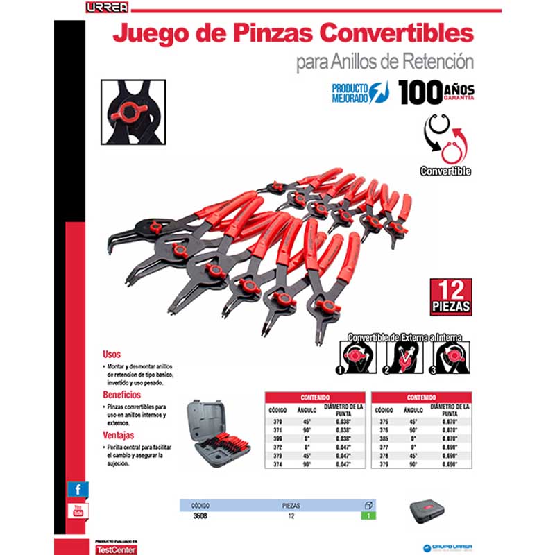 Juego de 12 pinzas para anillos de retención 360B Urrea