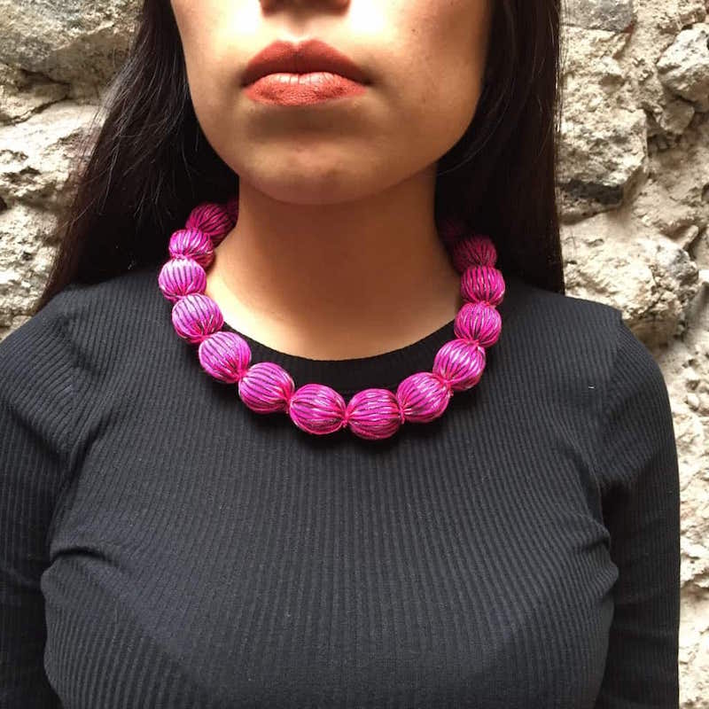 Collar Artesanal De Genuino Rebozo Mexicano Rosa 