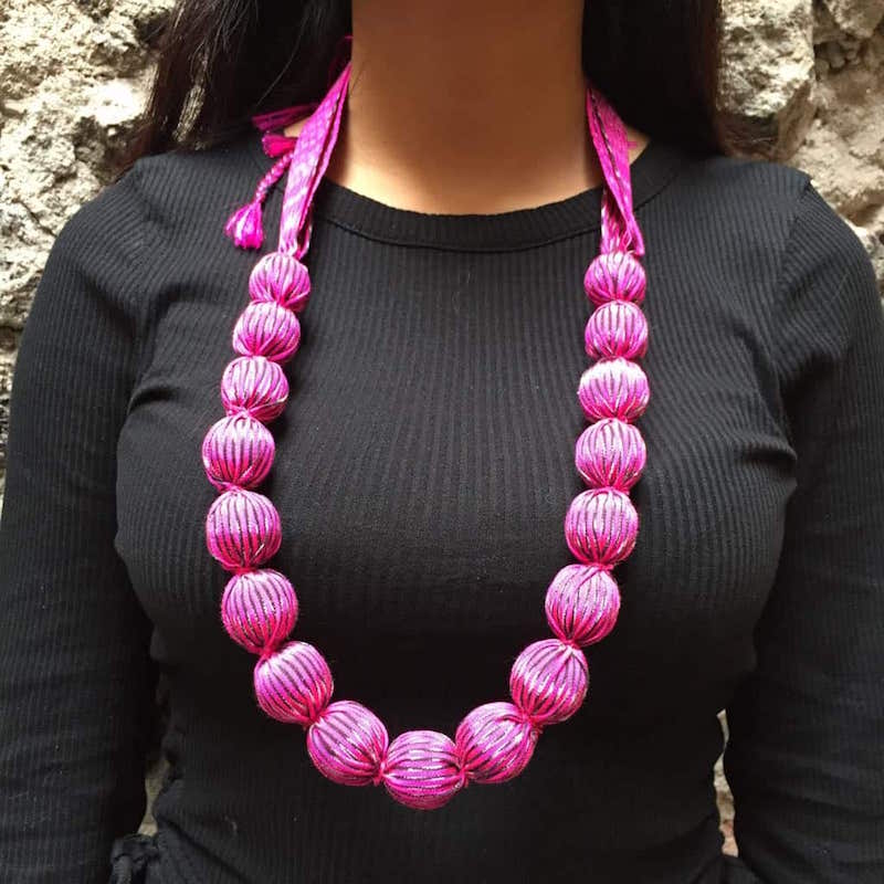 Collar Artesanal De Genuino Rebozo Mexicano Rosa 