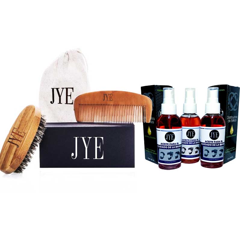 Kit De Lujo Peine Y Cepillo 3 Frascos Aceite Cuidado De Barba 60ml JYE