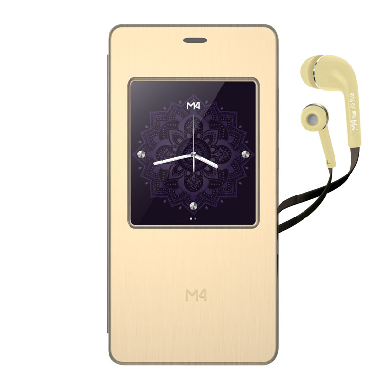 Celular M4TEL LTE SS4457-R M4 EVER DORADO Telcel más Interactive Smart Cover y audífonos.