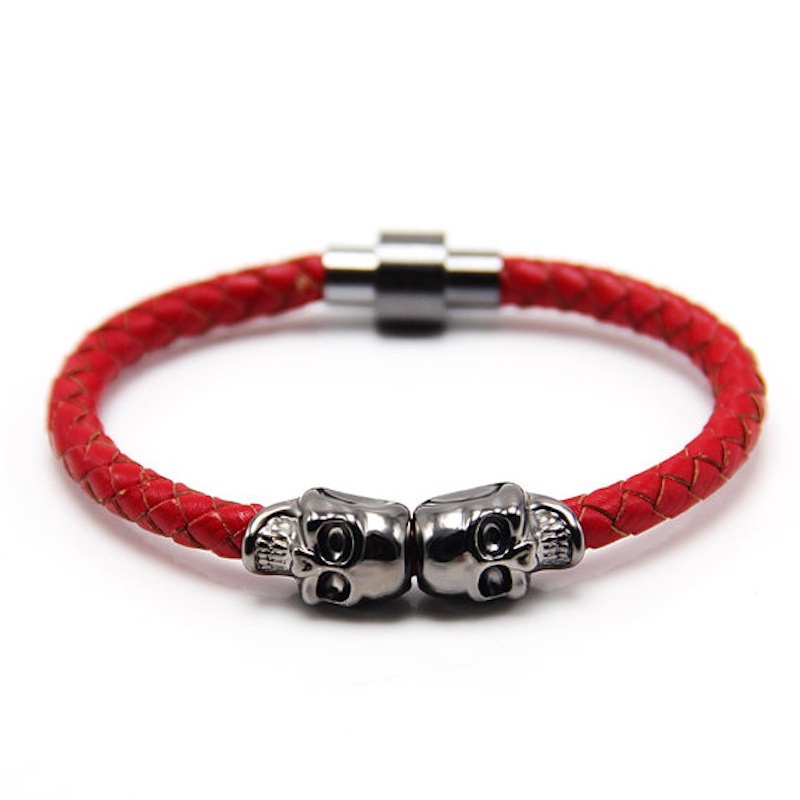 Pulsera Brazalete Unisex Skull Leather Rojo-Plata