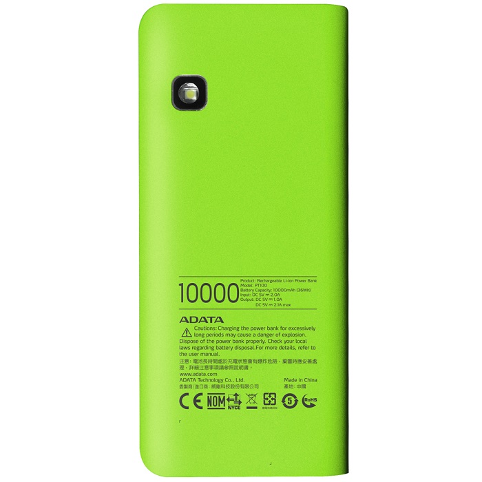 Bateria Portatil USB Adata PT100 Power Bank Cargador 10000mAh Verde/Amarillo APT100-10000M-5V-CGRYL