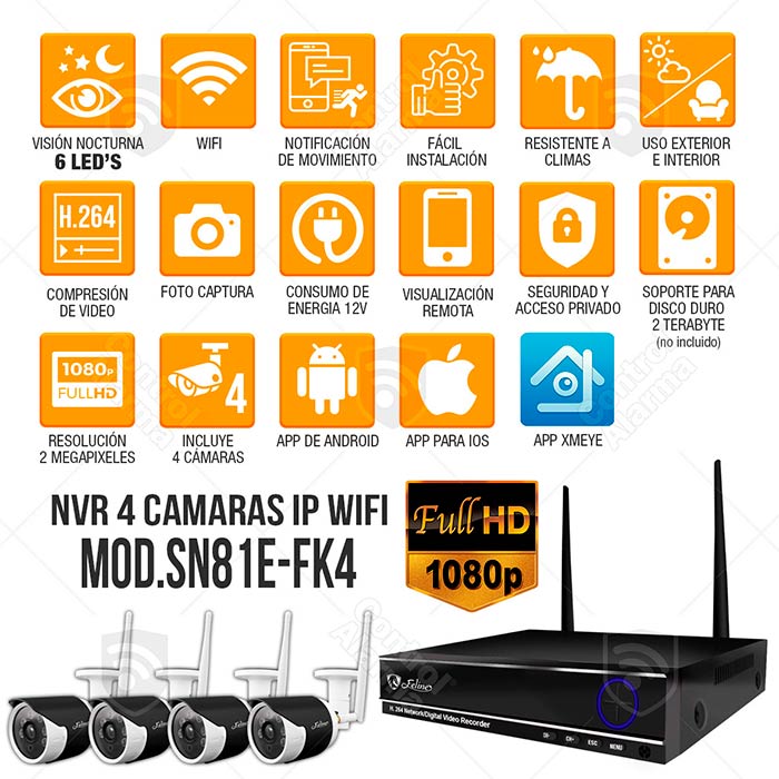 Nvr Wifi 4 Camaras Ip Vigilancia Full Hd Seguridad 1tb 2mpx