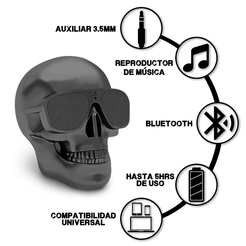 Redlemon Bocina Bluetooth Portátil en Forma de Calavera, Sonido HD, Entrada Audífono (plug 3.5mm), Batería Recargable de Alta Duración