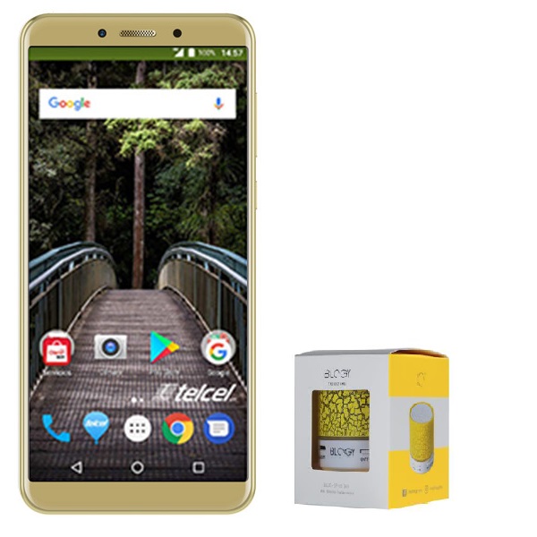 Celular SOLONE LTE E1457 EARTH IRON Color DORADO KIT Telcel más BOCINA BLUETOOTH BLOGY MINI 