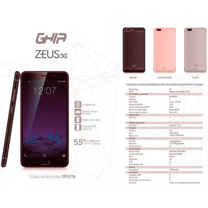 Celular Smart Phone Ghia Zeus Quad Core 1gb 8gb Camara 13mpx Champange