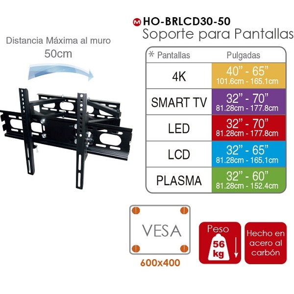 Soporte TV Master de 32 a 70 pulgadas hasta 56 Kg Acero