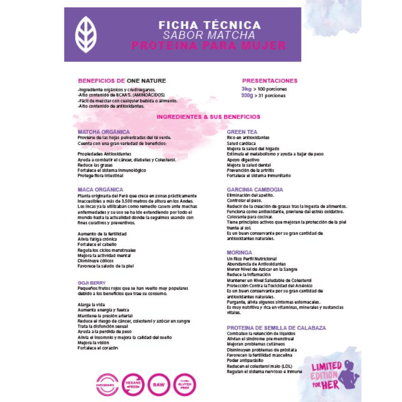 One Nature 930 gr Matcha En Polvo For Her Proteina Vegana