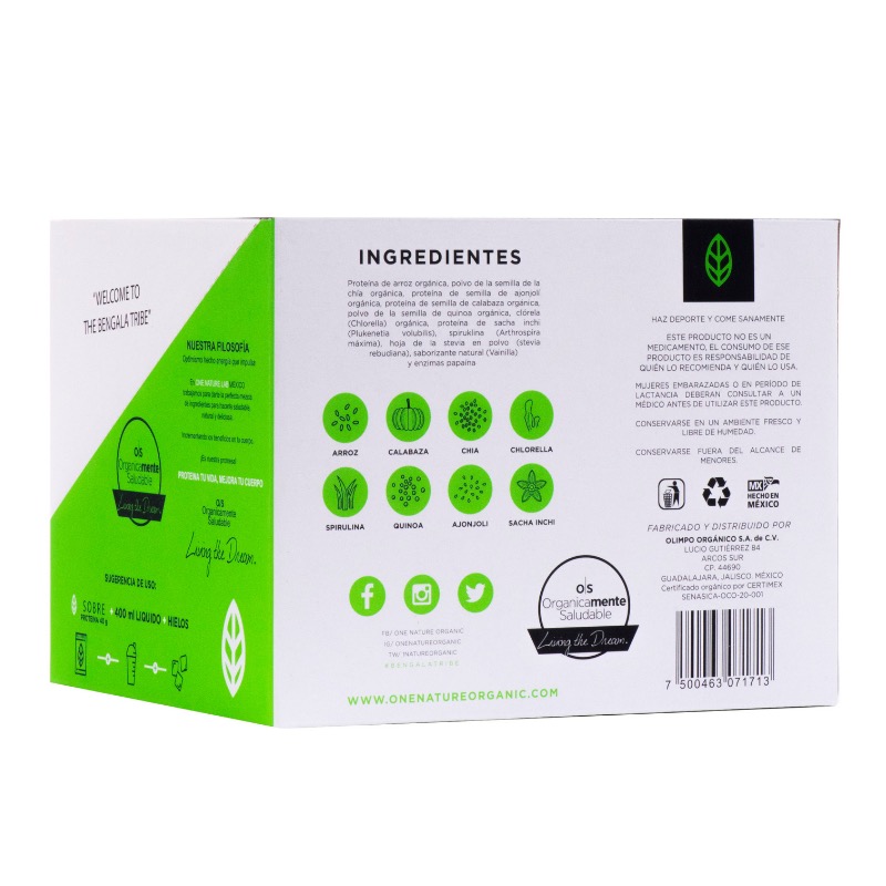 One Nature 40g x 25 pack Proteina Vegana En Polvo Certificada 100% Vegetal - Vainilla