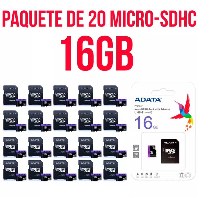 Paquete 20 Memorias Micro SD 16GB ADATA Clase 10 Full HD AUSDH16GUICL10-RA1