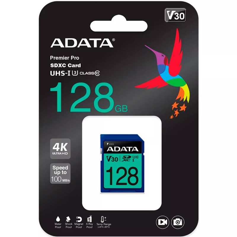 Memoria SD 128GB ADATA Clase 10 Video V30 Ultra HD 4K ASDX128GUI3V30S-R