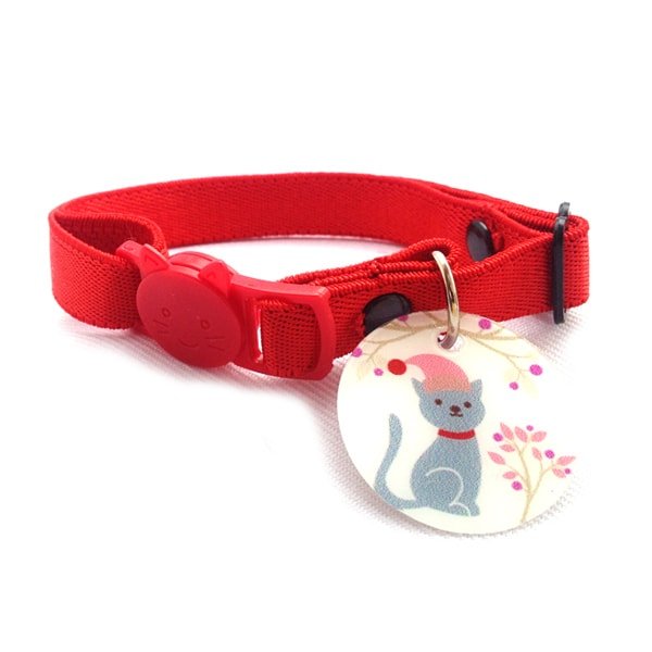 Collar para gato navideño con medalla de identificación y broche breakaway en forma de gato. Marca Nyucat