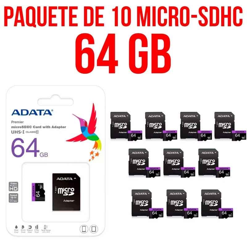 Paquete 10 Micro SD 64GB ADATA Clase 10 Video Full HD AUSDX64GUICL10-RA1 