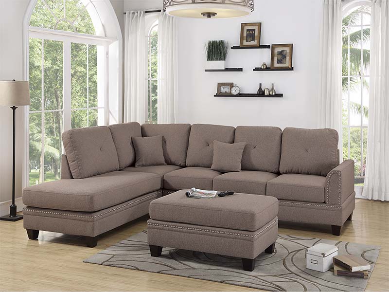 Sala seccional de 2 piezas chaise, sofá y ottoman color café POUNDEX F6513