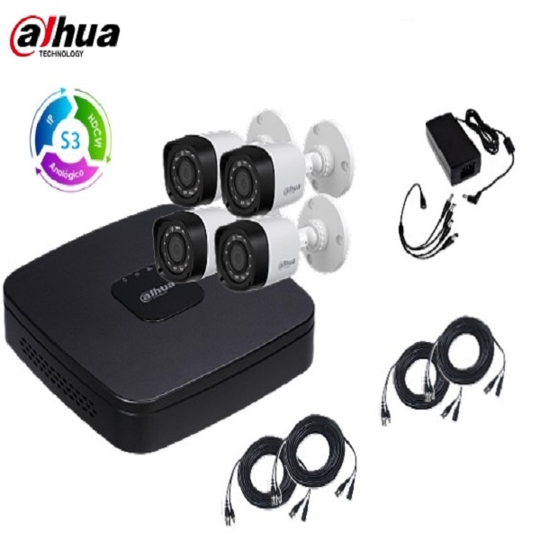 KIT DE 4 CAMARAS DE VIDEOVIGILANCIA CCTV HD 720P METALICA BALA DAHUA,4 ROLLOS DE CABLE DE 18 MTS.C/U Y FUENTE DE PODER (NO INCLUYE DISCO DURO)