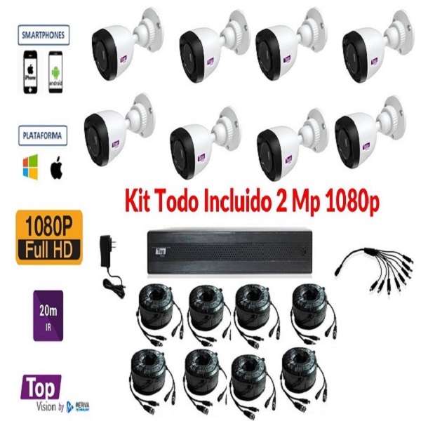 Kit 8X8 Top808 Incluye 1 Dvr 8Ch Xdvr-1008 1080P-Lite + 8 Camaras Bullet 1080P 2Mp Tcb200 + 8 Cables 18Mts C/u + Fuente De Poder Y Distribuidores De Video/ Con Disco Duro 1 Tb/ Top Vision