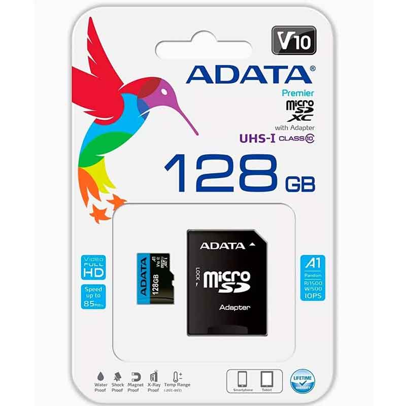 Memoria Micro SDXC 128GB ADATA Clase 10 Juegos A1 Video Full HD V10 AUSDX128GUICL10A1-RA1 
