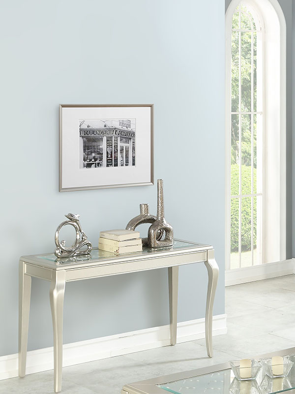 Elegante Consola con vidrio biselado incrustado en la parte superior, color champagne F6363 POUNDEX