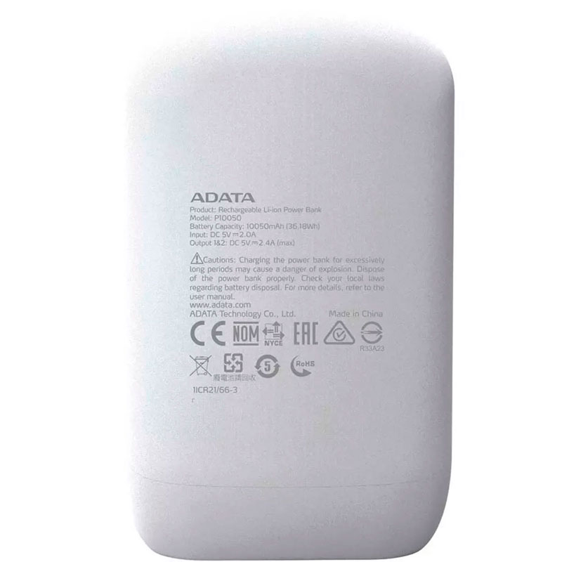 Power Bank Adata P10050 10050mah Blanco AP10050-DUSB-5V-CWH