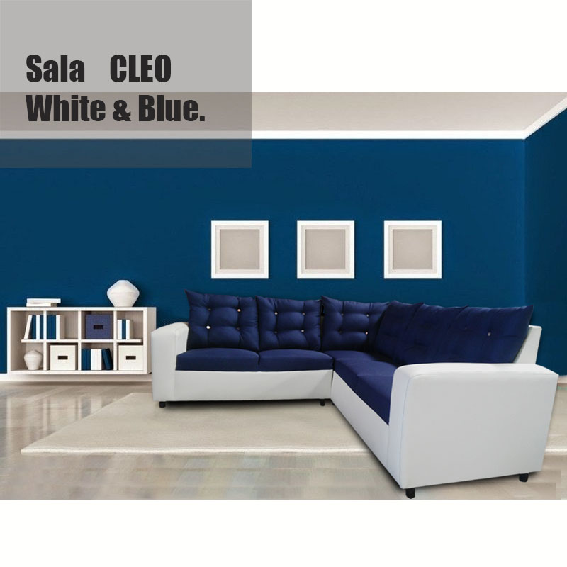 Sala Cleo lino azul, vinipiel blanco Maderian