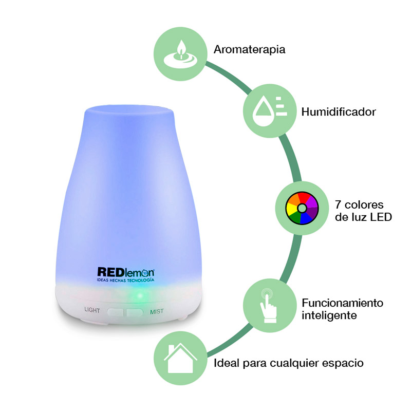 Redlemon Difusor de Aceites Esenciales y Aromaterapia. Humidificador de Ambiente de 100 ml. con Niebla Fría, Temporizador Ajustable, Silencioso, Apagado Automático y 7 Luces LED.
